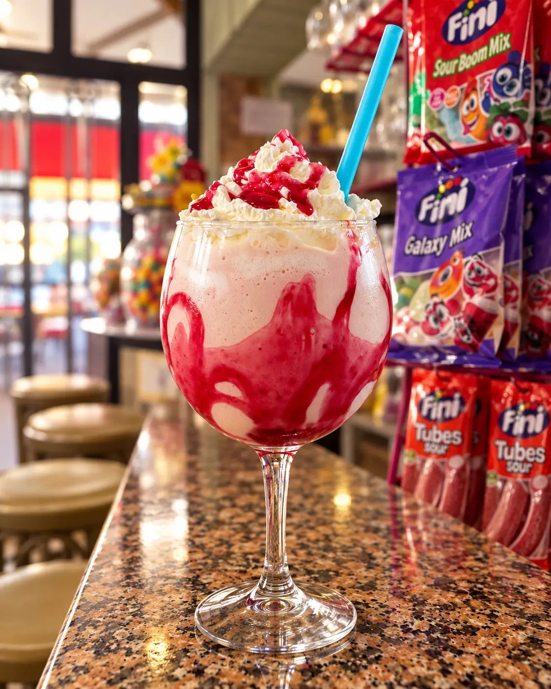 Strawberry milkshake with whipped cream on the Dream Park café counter