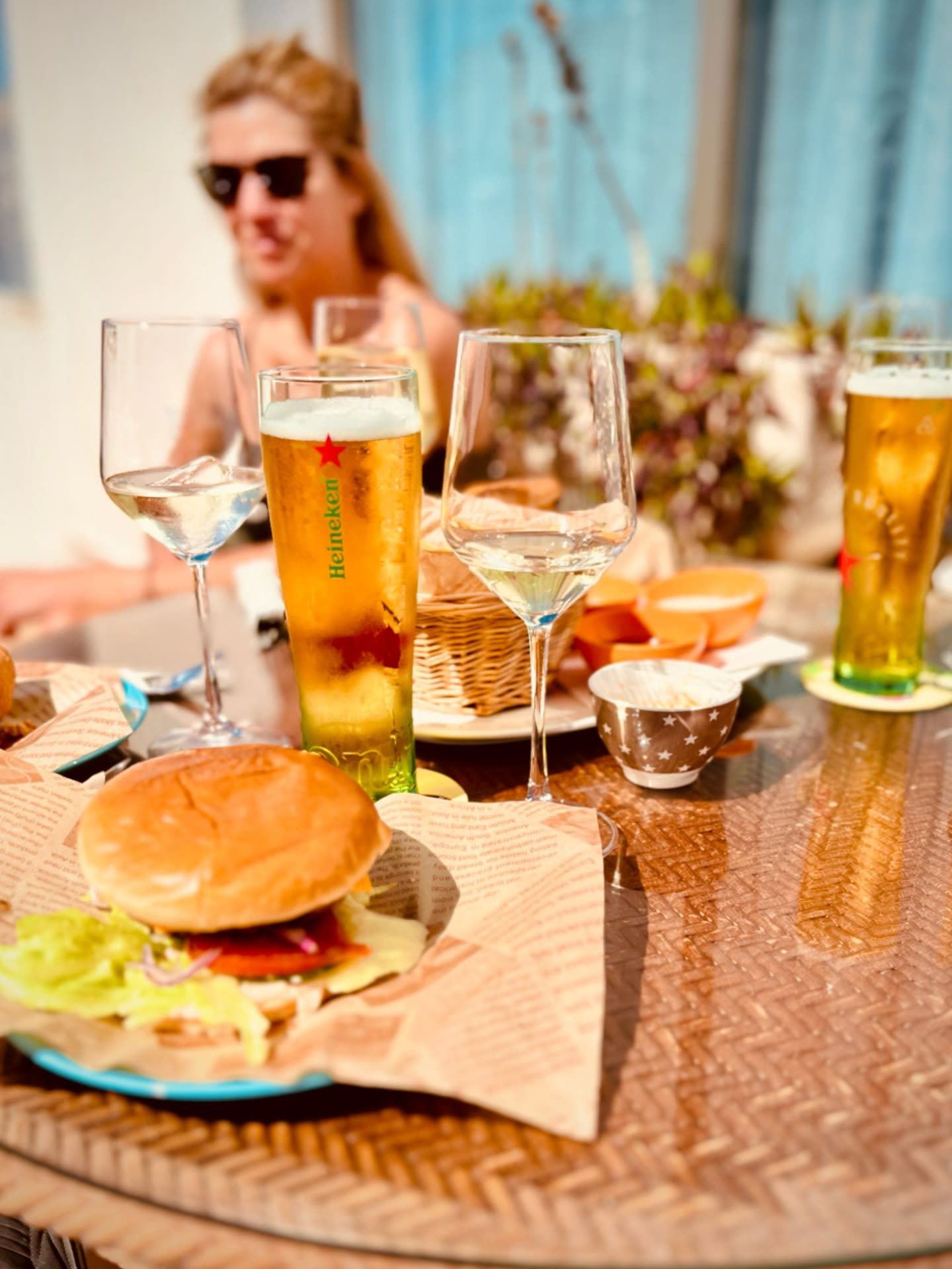 A burger with a cold beer and wine at the Dream Park café