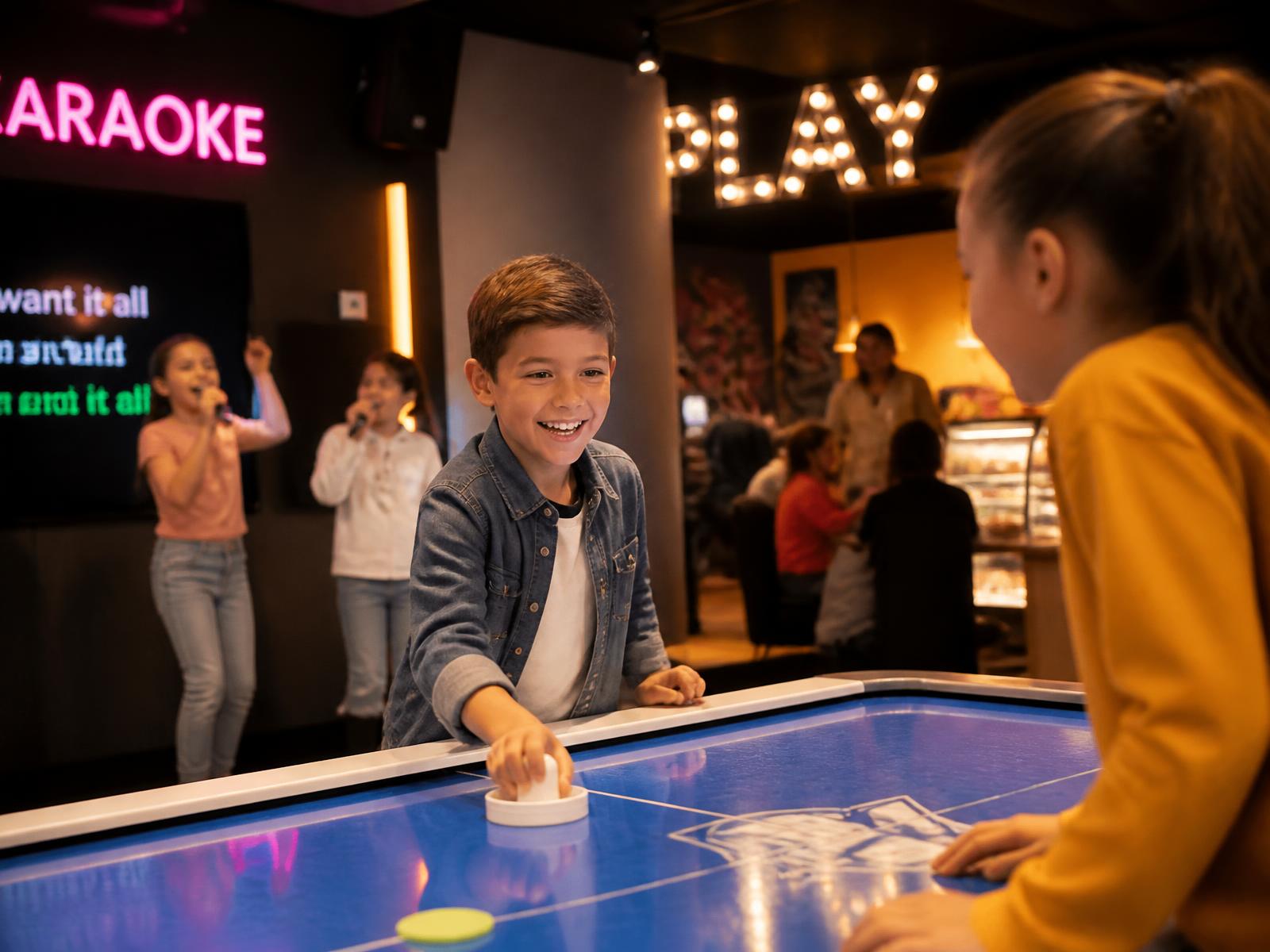 Children playing air hockey